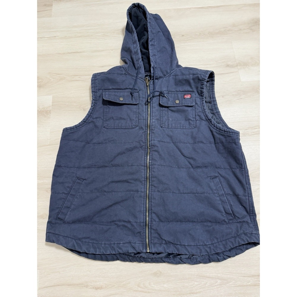 Wrangler Navy Canvas Lined Hooded Zip Up Vest Size 3XL Logo Heavyweight Quilted